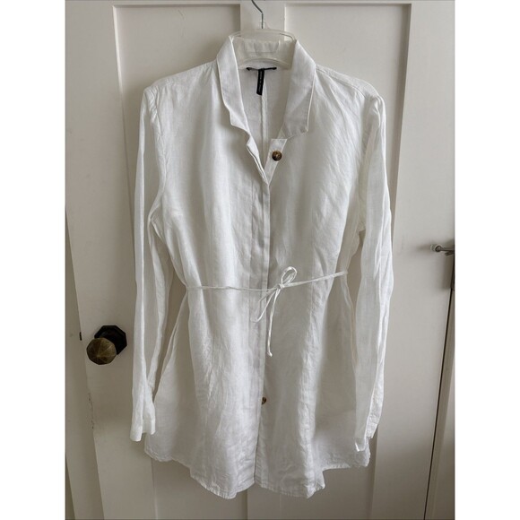 EUC SARAH PACINI White Linen Long Sleeve Italy Jacket Shirt Pockets Tunic Sz M - Picture 1 of 11